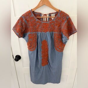 Sister Mary Embroidered Bohemian Chambray Cotton Dress. Size Small.
